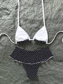 Swim Mod 女款復古紅白波點印花比基尼套裝，對比滾邊性感微型比基尼三角上衣 & 超短裙，時尚休閒度假甜美復古性感泳衣 - 黑與白 - 查看 3