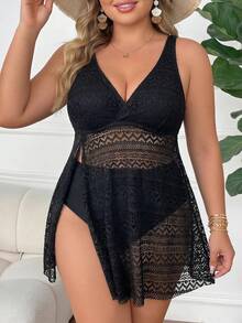 SHEIN CURVE+ 大尺碼女款2件式泳裝套裝，鏤空面料性感顯瘦泳裙 & 比基尼泳褲，適合海灘、度假村、游泳池 - 黑色 - 查看 3