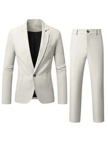 Manfinity Mode Men's Solid-Color Lapel Casual Formal Suit Set,Linen Fabric,Men's Lightweight, Breathable And Cool For Spring Summer,Slim Fit Men Suits Elegant Outfit, Ceremony - Light Grey - View 3