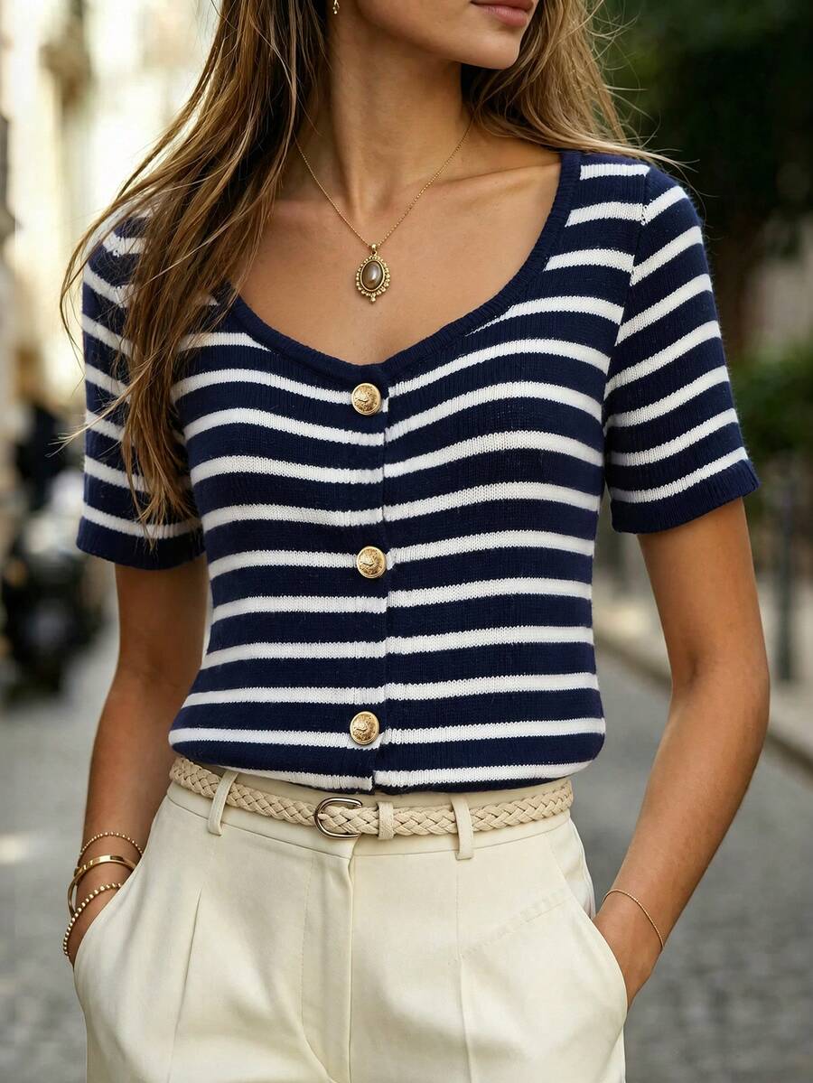SHEIN LUNE Women's Spring/Summer Tops, Holiday, June Festival Outfit, Vintage Casual Elegant Blouse, Commute Office Outing Wear, Vacation Outfit, Round Neck V-Neck Women's Tops, Striped Contrast Navy Blue & White Blouse, Short Sleeve Metal Button Women's Knit Cardigan - Blue and White - View 1