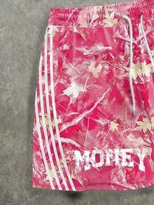 Manfinity ZONE917 Set Kaos Lengan Pendek Pria Kasual Fashion Street dengan Cetakan Huruf Personal dan Celana Pendek Pinggang Serut Samping Bergaris Kontras, Musim Panas, Liburan - Hot Pink - View 7