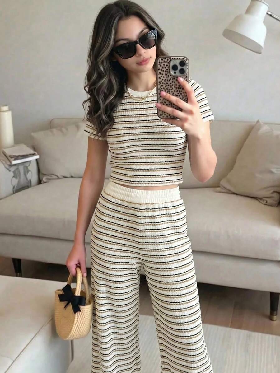 SHEIN Teen Girls Black & White Striped Patchwork Crew Neck Short Sleeve T-Shirt And Pants Co-Ord Set - Multicolor - View 1