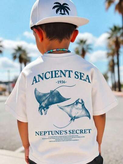 Young Boy Casual Cartoon Ocean Creature Print Round Neck Short Sleeve T-Shirt, Suitable For Summer