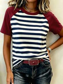 EMERY ROSE Summer Casual Colorblock Striped Raglan Sleeve T-Shirt - Multicolor - View 3