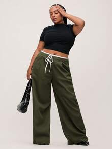 SHEIN BASICS Plus Size Casual Contrast Color Woven Wide Leg Pants With Pockets Fall - Army Green - View 3
