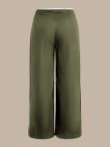SHEIN BASICS Plus Size Casual Contrast Color Woven Wide Leg Pants With Pockets Fall - Army Green - View 7