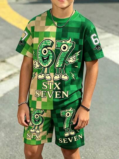 Set de 2 piezas de ropa informal deportiva para niño preadolescente en color verde, camiseta de manga corta + pantalones cortos, con patrón de cuadrícula de píxeles y estampado del dígito 67, conjunto cómodo para la escuela, deportes, uso diario, adecuado para primavera/verano