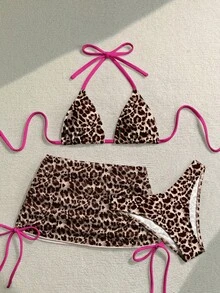 Conjunto de bikini con estampado floral, top con lazo en el cuello y falda pareo, estilo vacacional de playa para mujer - Multicolor 21 - Ver 6