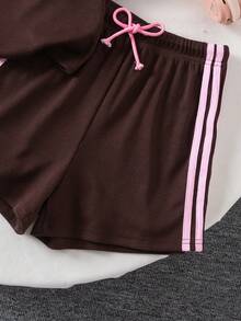SHEIN 青少年女孩休閒條紋針織運動套裝 夏季穿搭 2件套 巧克力棕色 - 棕色 - 查看 6