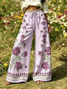 EMERY ROSE Plus Size Women's Bohemian Style Casual Floral Print Wide Leg Pants Fall - Multicolor - View 3