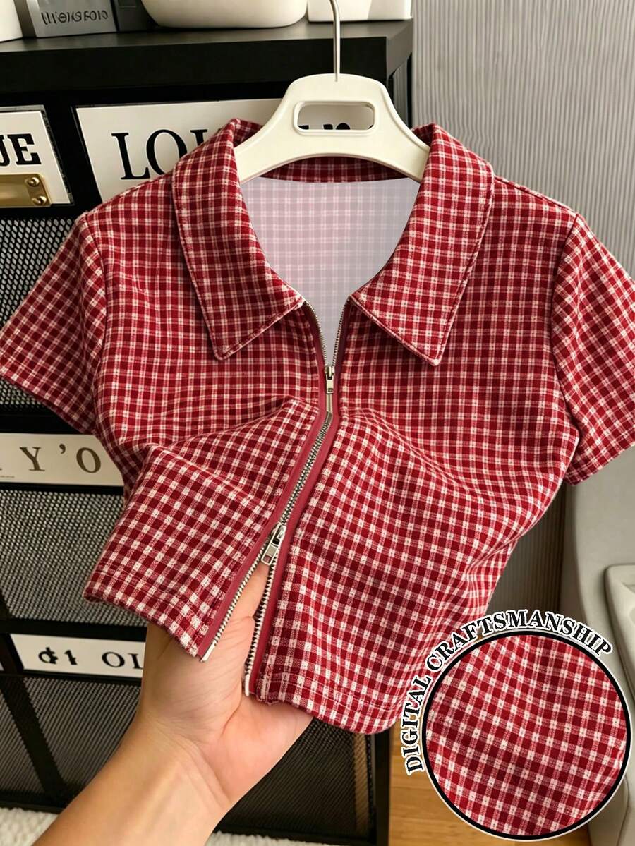 Women's Retro Plaid Zip-Up Short Sleeve Top, Summer - Light Grey - View 1