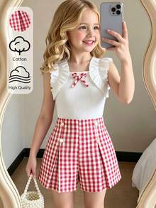 Young Girl Spring/Summer New Sweet College Style 2-Piece Set, White Solid Soft Ribbed Fabric Sleeveless Top Paired With Delicate Ruffle Trim Flutter Sleeve & Red Plaid Bow Decor Shorts Set - Red and White - View 3