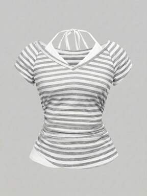 Grunge Punk Femmes Sexy Y2K Faux Deux Pièces Col V Rayé Couleur Contrastée Top Licou Nœud Papillon T-Shirt, Tenue d'été