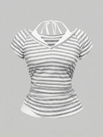 Grunge Punk Camiseta de mujer con cuello en V, a rayas y contraste de color, con lazo halter, estilo Y2K sexy, conjunto de verano