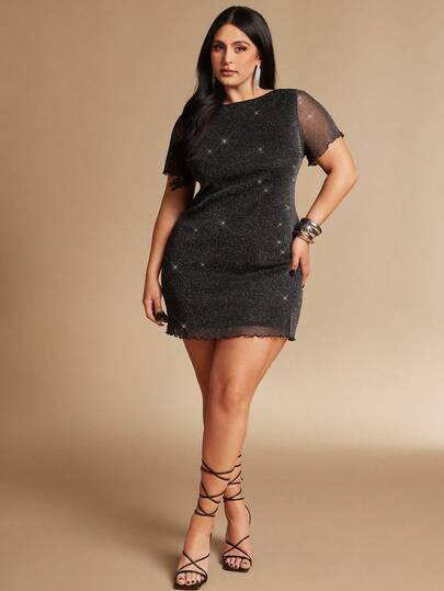 SHEIN BAE Plus Size Women Black Metallic Thread Short Sleeve Dress