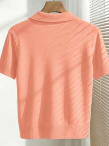Franclia Women's Spring/Summer White Simple Casual Turndown Collar Raglan Short Sleeve Solid Color Fitted Knit Top, Plus Size - Coral Orange - View 2