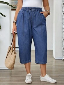 EMERY ROSE EMERY ROSE Pantalones capri de mezclilla sencillos y casuales para tallas grandes - Azul lavado oscuro - Ver 1