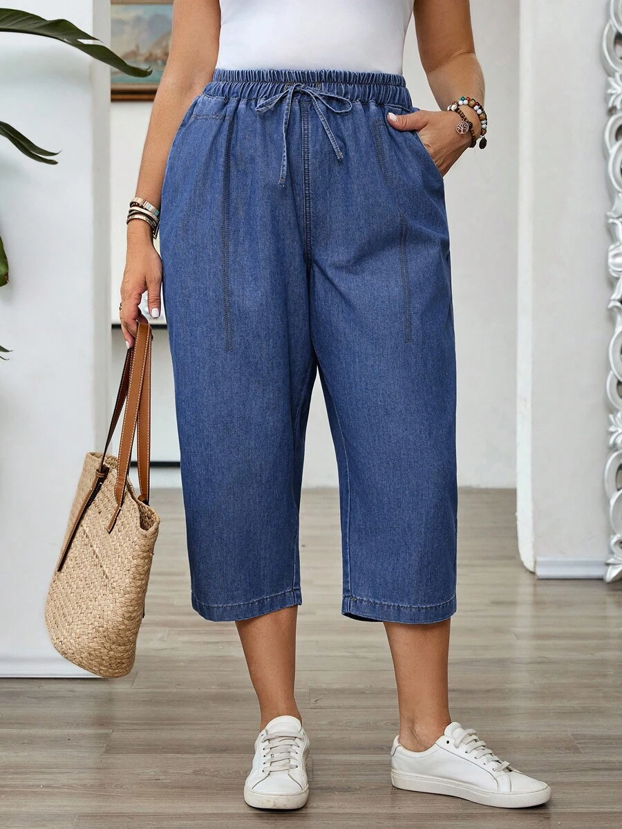 EMERY ROSE EMERY ROSE Pantalones capri de mezclilla sencillos y casuales para tallas grandes - Azul lavado oscuro - Ver 1