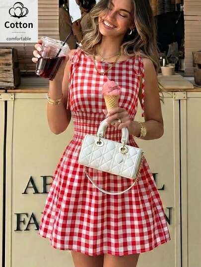 Pariaura Women's Plaid Print Sleeveless Short Casual Dress