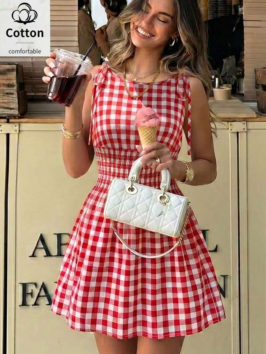 Pariaura Women's Plaid Print Sleeveless Short Casual Dress - Red and White - View 1