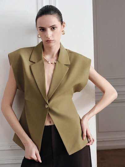Aveloria Modichic Summer Khaki Green Solid Color Women's Linen-Like Metal Button Shoulder Sleeve Wide Shoulder Silhouette Flare Sleeve Elegant Commuter Pleated Gathered Waist Cap Sleeve Women's Suit Jacket Vest, Refined Elegant Vintage Luxury Commuter Casual Holiday Modern Party Versatile