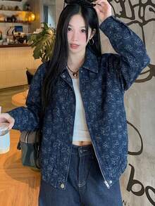 DAZY 女款花卉印花前拉鍊寬鬆休閒夾克校園風 - 藍色 - 查看 5