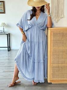 Vionelle Plus Size Women Light Blue Ruffle Hem Loose Long Dress, Spring/Summer Beach Vacation Vacation Boho - Blue - View 5