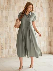 Roveilla Plus Size Women Summer Elegant Sage Green Sommar Midi Dress,Shirt Collar Raglan Sleeve Loose  Pleated Button Front Smart Casual Everyday Retro Office - Green - View 4
