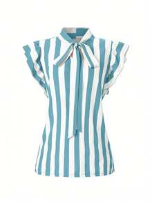 Rometta Plus Size Women's Light Blue Striped Ruffle Tie Bow Blouse & Metal Button High Waist Wide Leg Pants Suspender Suit,Summer Cute School Commuting Style - Multicolor - View 6