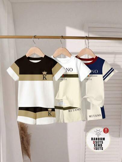 2pcs/Set Toddler Boys' Casual Creative Crown Letter Print Short Sleeve T-Shirt And Shorts Outfit, Comfortable Daily Wear For Spring, Summer Autumn Day Time Black And White Day