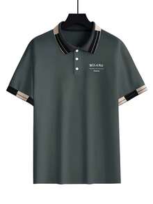 Manfinity Homme 男士珠飾刺繡羅紋領短袖休閒 Polo 衫，正式款 - 深灰色 - 查看 5
