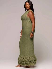 MUSERA Plus Size Textured Knit Fitted Midi Dress Spring Summer Elegant Vacation Holiday Evening Soul Ties Fall - Green - View 3
