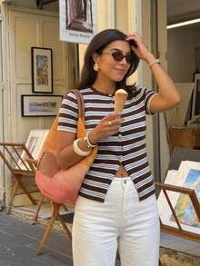 Serisse Women's Casual Striped Front Button Short Sleeve Knit Top, Summer - Brown - View 13
