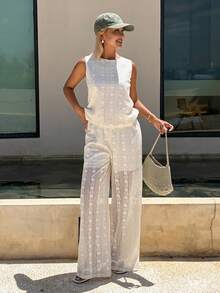 Livesso Bộ đồ đi biển 2 món dành cho nữ: Áo tank top cổ tròn và quần dài, kiểu dáng thường ngày. - trắng - Xem 5
