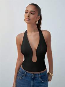 Hauture Solid Color Fashionable Sleeveless Deep Plunge Halter Neck Top - Black - View 3