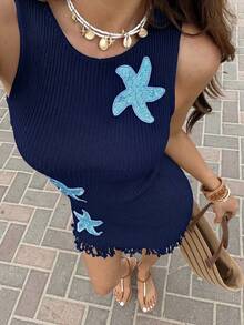 Serisse Vestido de playa de moda para mujer con estrella de mar tejida y adorno de flecos brillantes, primavera/verano - Azul - Ver 10