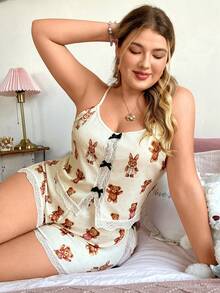 Slumberry CURVE Conjunto de pijama cómodo de camiseta y pantalones cortos de punto acanalado con estampado de oso y conejo lindo y sexy, talla grande - Multicolor - Ver 3