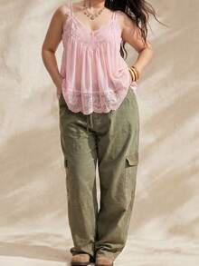 Solflare Plus Size Women's Lace Sheer Sexy Camisole Top For Summer - Baby Pink - View 5