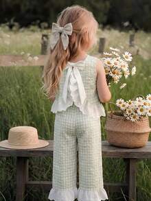 Emery Rose Kids Emery Rose Kids 2件組少女編織對比色格紋荷葉邊飾休閒背心與長褲套裝 - 綠色 - 查看 3