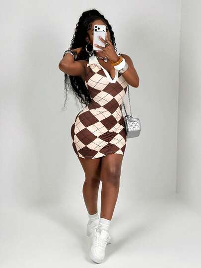 BamGleam Summer New Retro Brown & White Argyle Polo Collar Sleeveless Bodycon Mini Dress