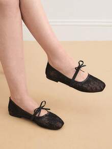 Eladyva Bow-Tie Square Toe Women's Flat, Knitted,Ballet, Low Vamp Ladies' Slip-On, Versatile, Bohemian, Black, White, Beige,Slouchy ,Elegant, Floral - Black - View 5