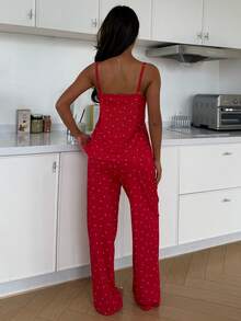 ZzzCrew Women's Knitted Heart Print Camisole And Shorts Pajama Set, Sexy And Suitable For All Seasons - Red - View 2