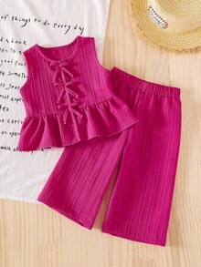 SHEIN Playful Pals 2 件套女婴海军蓝圆领无袖褶皱荷叶边衬衫，蝴蝶结装饰，松紧腰裤套装，舒适可爱，适合春夏秋季 - 玫紅色 - 查看 3