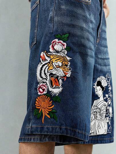 ROMWE MEN Street Life Men's Tiger Print Pocket Zipper Denim Shorts