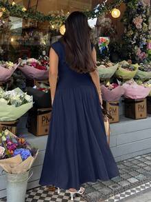 NegzBox Light Yellow 2 Pieces Set: Stand Collar Top & Fitted Skirt Summer - Navy Blue - View 2