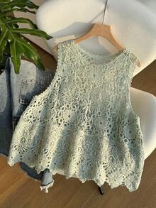 SHEIN EZwear 大码橄榄绿纯色圆领夏季针织背心，女士，春夏款 - 橄欖綠 - 查看 5