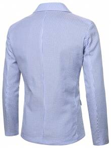 Manfinity Mode Men Business Casual Striped Lapel Long Sleeve Button Front Blazer, Ceremony, Formal - Baby Blue - View 2