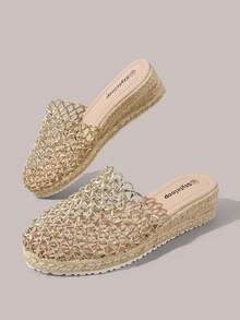 Styleloop Giày nữ đế xuồng mule hở lưng, gót dày, đan lưới vàng, đan dây thừng gai, chất liệu rơm, phong cách Boho, sandal mùa hè, phù hợp đi chơi, du lịch, hẹn hò, đi biển, phong cách thường ngày - Vàng - Xem 9
