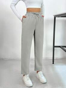 SHEIN PETITE Petite Pants With Drawstring, Slanted Pockets - Grey - View 3