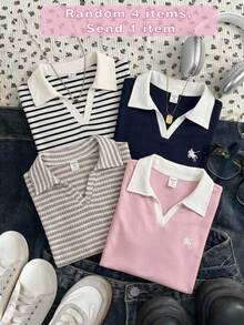 SHEIN 少女黑白条纹V领Polo衫，翻领设计，侧边褶皱腰身，修身短袖，复古学院风儿童上衣，透气休闲，适合夏季穿着，独特的条纹上衣，适合上学和外出穿着。 - 黑與白 - 查看 4